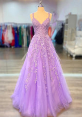 Prom Dresses For Short Girls, A-line V Neck Spaghetti Straps Long/Floor-Length Lace Prom Dress With Beading