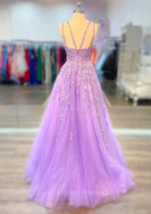 Prom Dress For Short Girl, A-line V Neck Spaghetti Straps Long/Floor-Length Lace Prom Dress With Beading