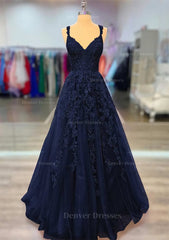 Prom Dresses For Short Girl, A-line V Neck Spaghetti Straps Long/Floor-Length Lace Prom Dress With Beading