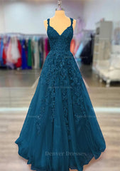 Prom Dress For Girl, A-line V Neck Spaghetti Straps Long/Floor-Length Lace Prom Dress With Beading