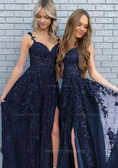 Prom Dress Online, A-line V Neck Spaghetti Straps Long/Floor-Length Lace Prom Dress With Split