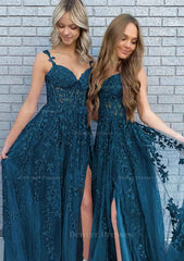 Prom Dresses Floral, A-line V Neck Spaghetti Straps Long/Floor-Length Lace Prom Dress With Split