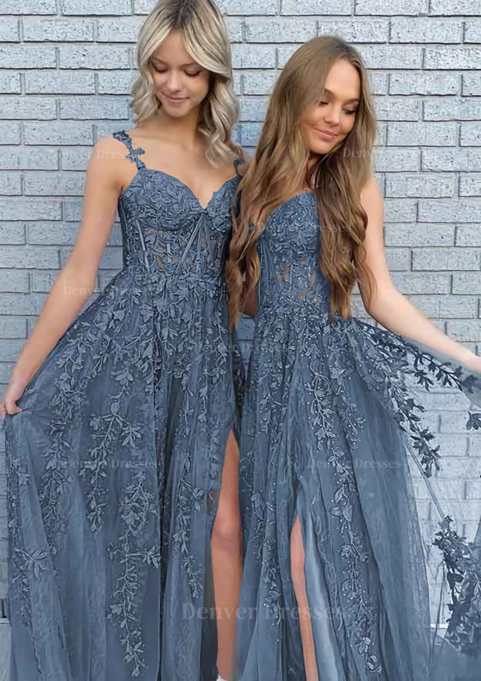 Prom Dresses Long Sleeves, A-line V Neck Spaghetti Straps Long/Floor-Length Lace Prom Dress With Split