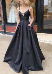 Formal Dress Simple, A-line V Neck Spaghetti Straps Long/Floor-Length Satin Prom Dress With Beading Pockets