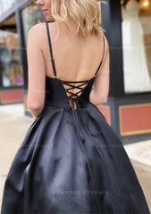 Formal Dresses Ball Gown, A-line V Neck Spaghetti Straps Long/Floor-Length Satin Prom Dress With Beading Pockets
