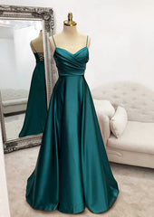Party Dress 2048, A-line V Neck Spaghetti Straps Long/Floor-Length Satin Prom Dress With Pleated