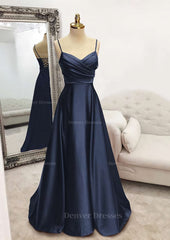 Party Dresses 2046, A-line V Neck Spaghetti Straps Long/Floor-Length Satin Prom Dress With Pleated