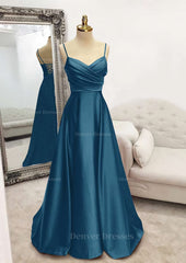 Party Dress Quick, A-line V Neck Spaghetti Straps Long/Floor-Length Satin Prom Dress With Pleated