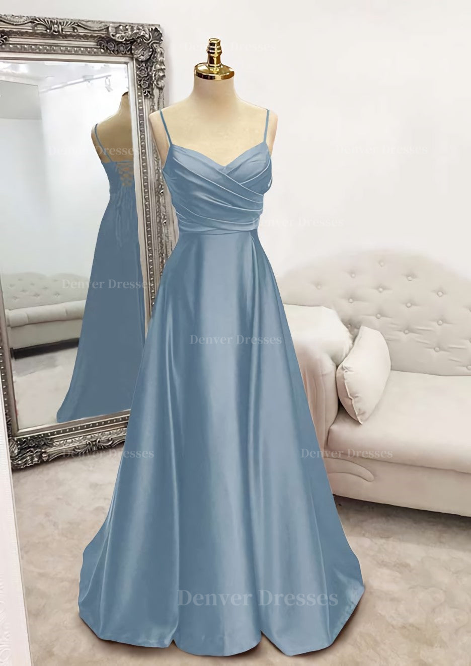 Party Dress And Gown, A-line V Neck Spaghetti Straps Long/Floor-Length Satin Prom Dress With Pleated
