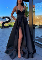 Formal Dress Modest, A-line V Neck Spaghetti Straps Long/Floor-Length Satin Prom Dress With Split Pockets Beading