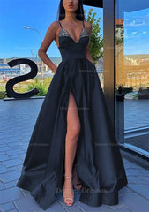 Formal Dress With Embroidered Flowers, A-line V Neck Spaghetti Straps Long/Floor-Length Satin Prom Dress With Split Pockets Beading