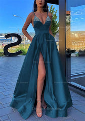 Floral Prom Dress, A-line V Neck Spaghetti Straps Long/Floor-Length Satin Prom Dress With Split Pockets Beading