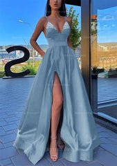 Emerald Green Prom Dress, A-line V Neck Spaghetti Straps Long/Floor-Length Satin Prom Dress With Split Pockets Beading