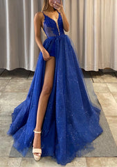 Prom Dress 2047, A-line V Neck Spaghetti Straps Long/Floor-Length Tulle Prom Dress With Appliqued Glitter Split Left