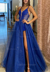 Prom Dresses2047, A-line V Neck Spaghetti Straps Long/Floor-Length Tulle Prom Dress With Appliqued Glitter Split Left
