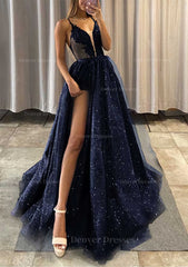 Prom Dresses Princesses, A-line V Neck Spaghetti Straps Long/Floor-Length Tulle Prom Dress With Appliqued Glitter Split Left