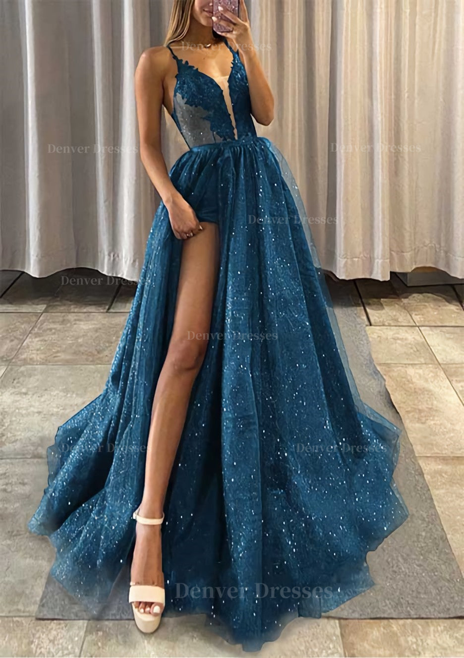 Prom Dresse Princess, A-line V Neck Spaghetti Straps Long/Floor-Length Tulle Prom Dress With Appliqued Glitter Split Left