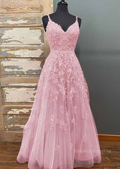 Evening Dress Store, A-line V Neck Spaghetti Straps Long/Floor-Length Tulle Prom Dress With Beading Lace Pockets Sequins