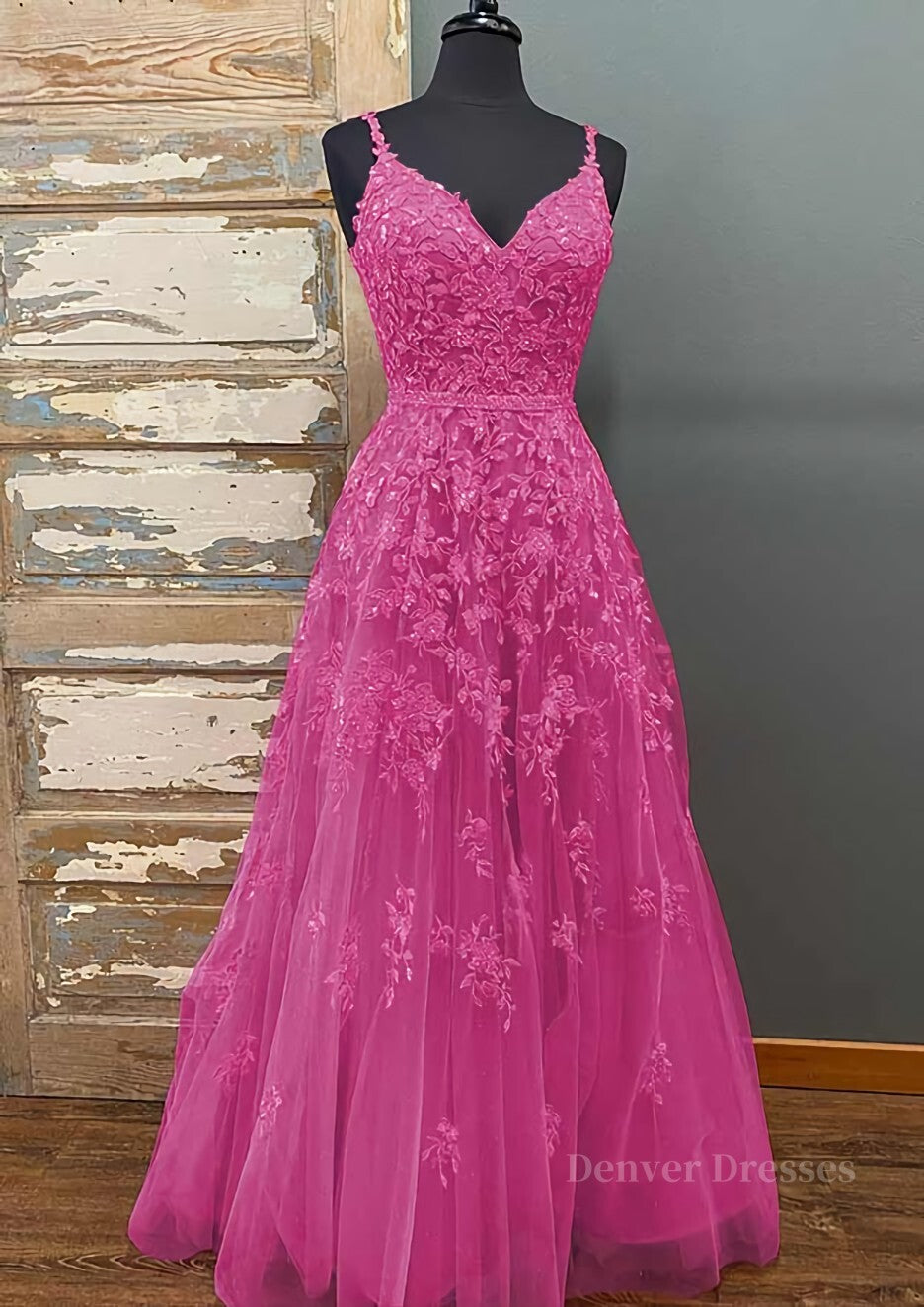 Evening Dress Shops Near Me, A-line V Neck Spaghetti Straps Long/Floor-Length Tulle Prom Dress With Beading Lace Pockets Sequins