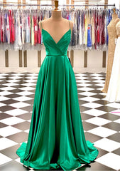 Formal Dress Outfits, A-line V Neck Spaghetti Straps Sweep Train Charmeuse Prom Dress With Pleated