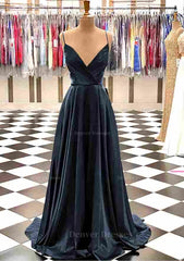Formal Dresses Lace, A-line V Neck Spaghetti Straps Sweep Train Charmeuse Prom Dress With Pleated