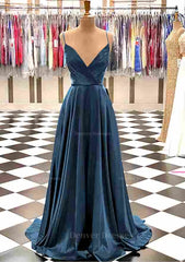 Formal Dresses Gowns, A-line V Neck Spaghetti Straps Sweep Train Charmeuse Prom Dress With Pleated