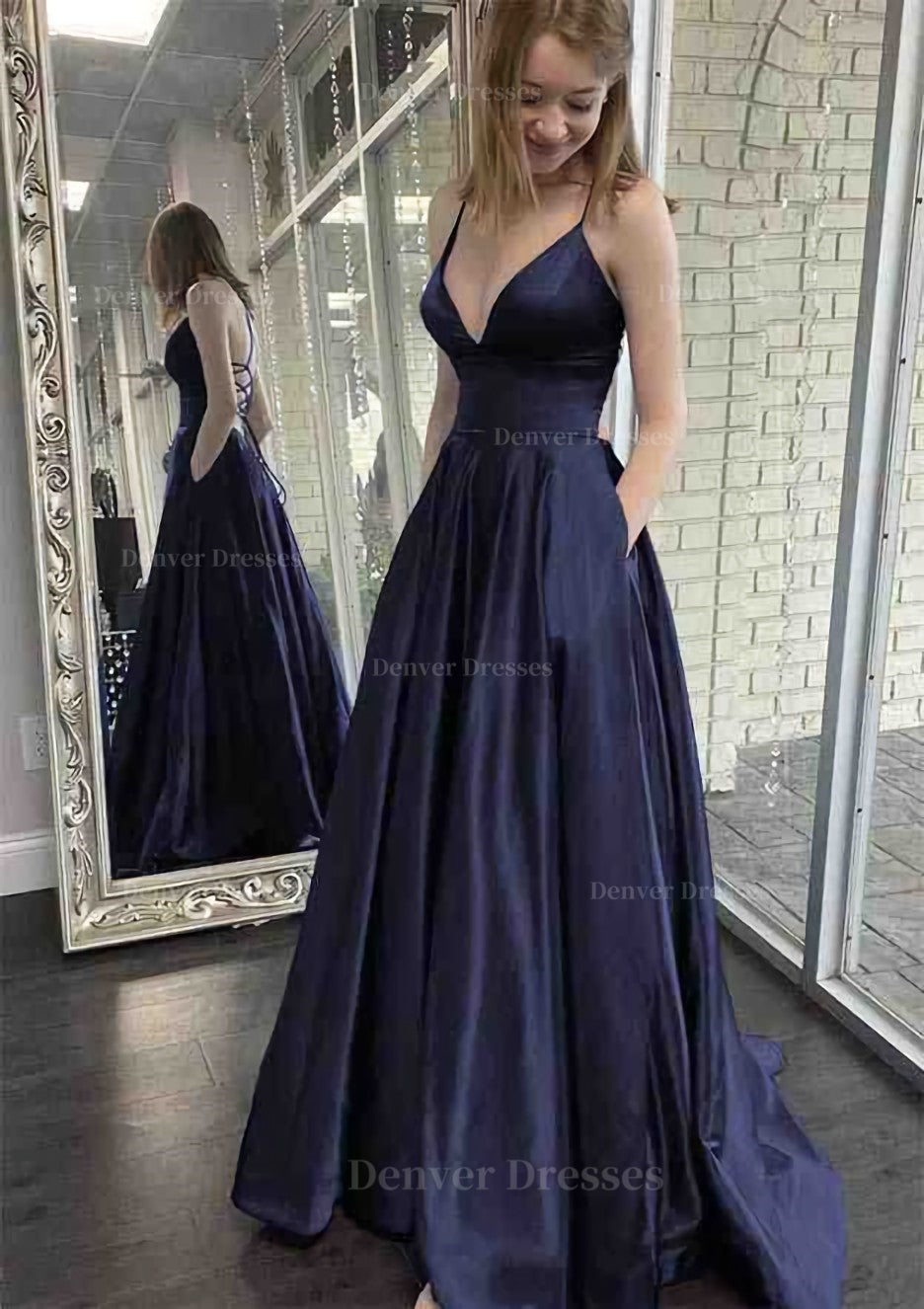 Party Dress Size 202, A-line V Neck Spaghetti Straps Sweep Train Charmeuse Prom Dress With Pockets