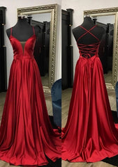 Prom Dress V Neck, A-line V Neck Spaghetti Straps Sweep Train Charmeuse Prom Dress With Split