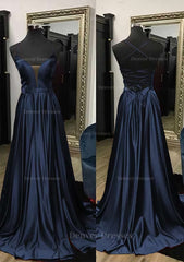 Prom Dress With Pockets, A-line V Neck Spaghetti Straps Sweep Train Charmeuse Prom Dress With Split