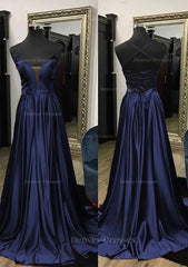 Prom Dress Ball Gown, A-line V Neck Spaghetti Straps Sweep Train Charmeuse Prom Dress With Split