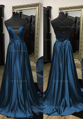 Prom Dresses Lace, A-line V Neck Spaghetti Straps Sweep Train Charmeuse Prom Dress With Split