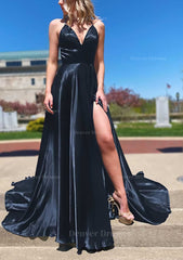 Homecoming Dresses Knee Length, A-line V Neck Spaghetti Straps Sweep Train Charmeuse Prom Dress With Split