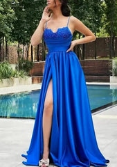 Bridesmaids Dresses Fall Colors, A-line V Neck Spaghetti Straps Sweep Train Satin Prom Dress With Appliqued Beading Pleated Split