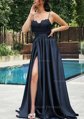 Bridesmaid Dress Fall Colors, A-line V Neck Spaghetti Straps Sweep Train Satin Prom Dress With Appliqued Beading Pleated Split