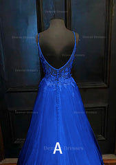 Bridesmaids Dress Ideas, A-line V Neck Spaghetti Straps Sweep Train Tulle Prom Dress With Appliqued
