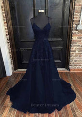 Bridesmaid Dress Styles, A-line V Neck Spaghetti Straps Sweep Train Tulle Prom Dress With Appliqued