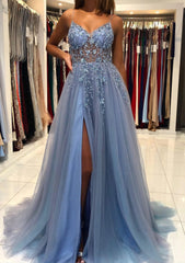 Sequin Dress, A-line V Neck Spaghetti Straps Sweep Train Tulle Prom Dress With Beading Sequins Split