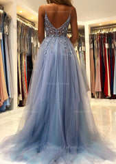 Wedding Pictures, A-line V Neck Spaghetti Straps Sweep Train Tulle Prom Dress With Beading Sequins Split