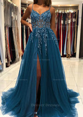 Bridesmaid Dresses Chicago, A-line V Neck Spaghetti Straps Sweep Train Tulle Prom Dress With Beading Sequins Split