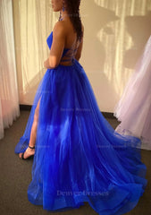 Homecoming Dresses Blue, A-line V Neck Spaghetti Straps Sweep Train Tulle Prom Dress With Split