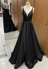 Party Dress Code Idea, A-line V Neck Sweep Train Satin Prom Dress With Pleated
