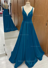 Party Dress Over 74, A-line V Neck Sweep Train Satin Prom Dress With Pleated