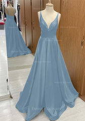 Party Dresses For Over 74S, A-line V Neck Sweep Train Satin Prom Dress With Pleated