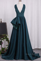 Prom Dresses Simple, A Line V Neck V Back Green Satin Long Prom Dresses, Long Green Formal Evening Dresses