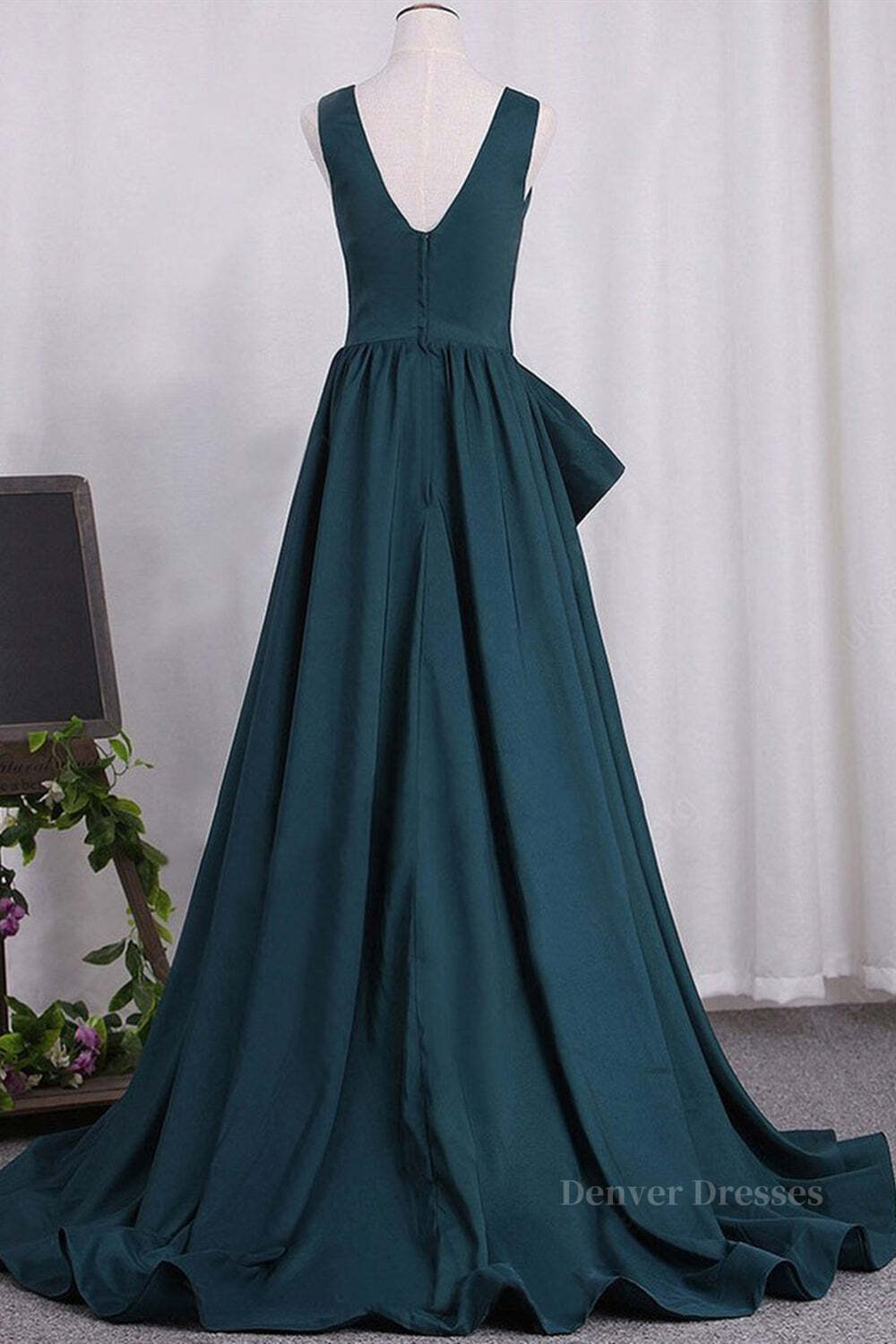 Prom Dress Simple, A Line V Neck V Back Green Satin Long Prom Dresses, Long Green Formal Evening Dresses