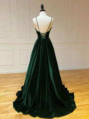 Bridesmaides Dresses Long, A-Line V Neck Velvet Green Long Prom Dresses, Green Velvet Formal Dress