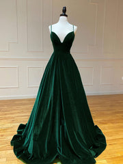 Bridesmaid Dresses Styles, A-Line V Neck Velvet Green Long Prom Dresses, Green Velvet Formal Dress