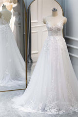 Wedding Dress Winter, A Line V Neck White Lace Long Prom Dress, White Lace Wedding Dress, White Formal Evening Dress
