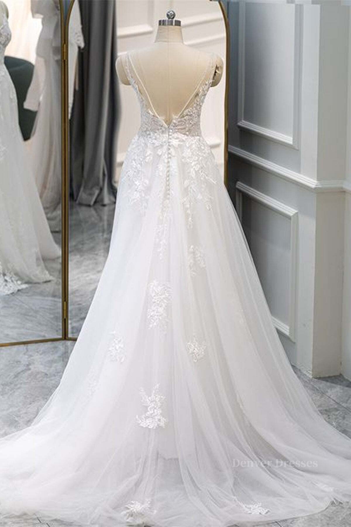 Wedding Dresses Winter, A Line V Neck White Lace Long Prom Dress, White Lace Wedding Dress, White Formal Evening Dress