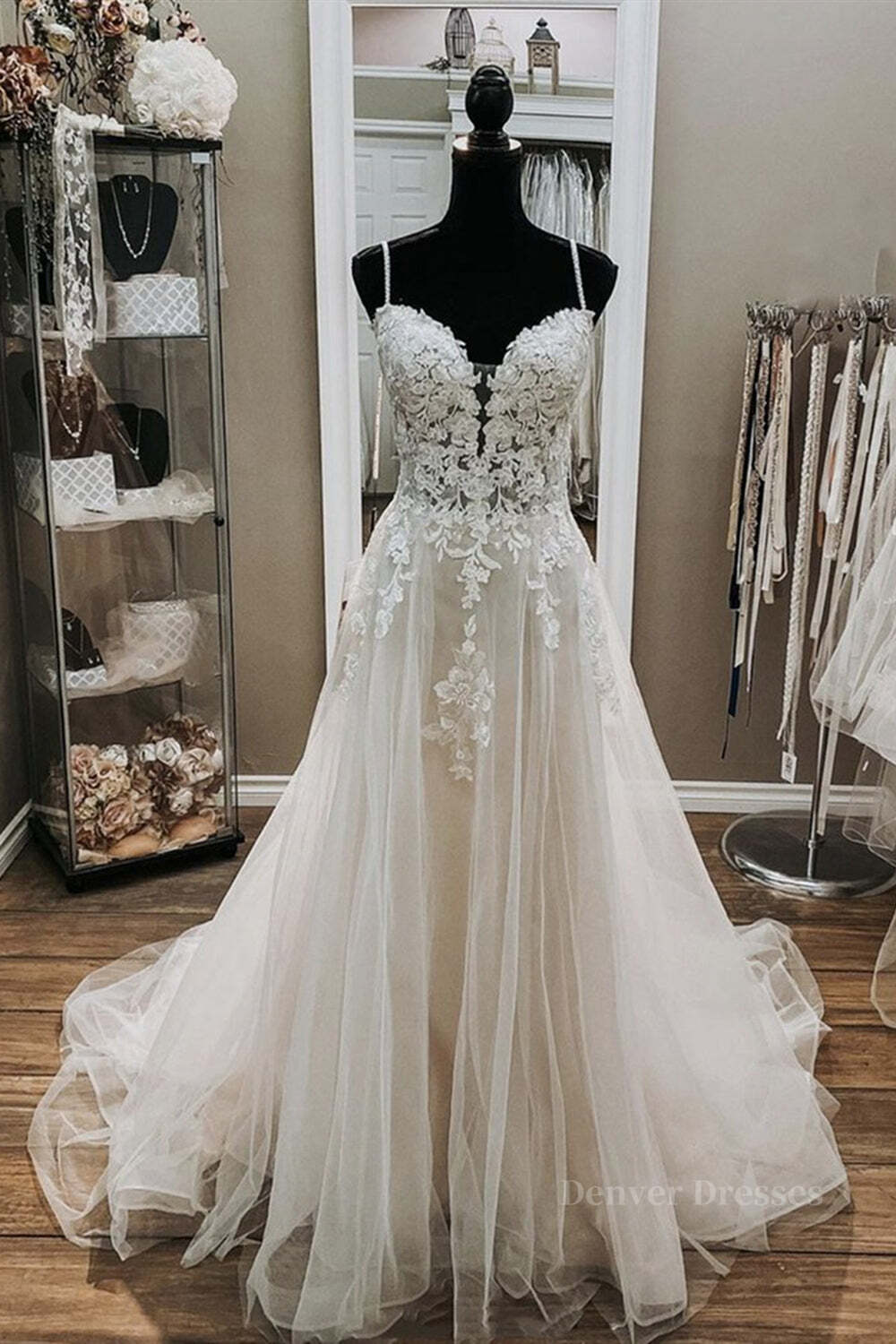 Wedding Dress Accessories, A Line V Neck White Lace Long Prom Wedding Dress, Thin Strap White Lace Formal Dress, White Lace Evening Dress